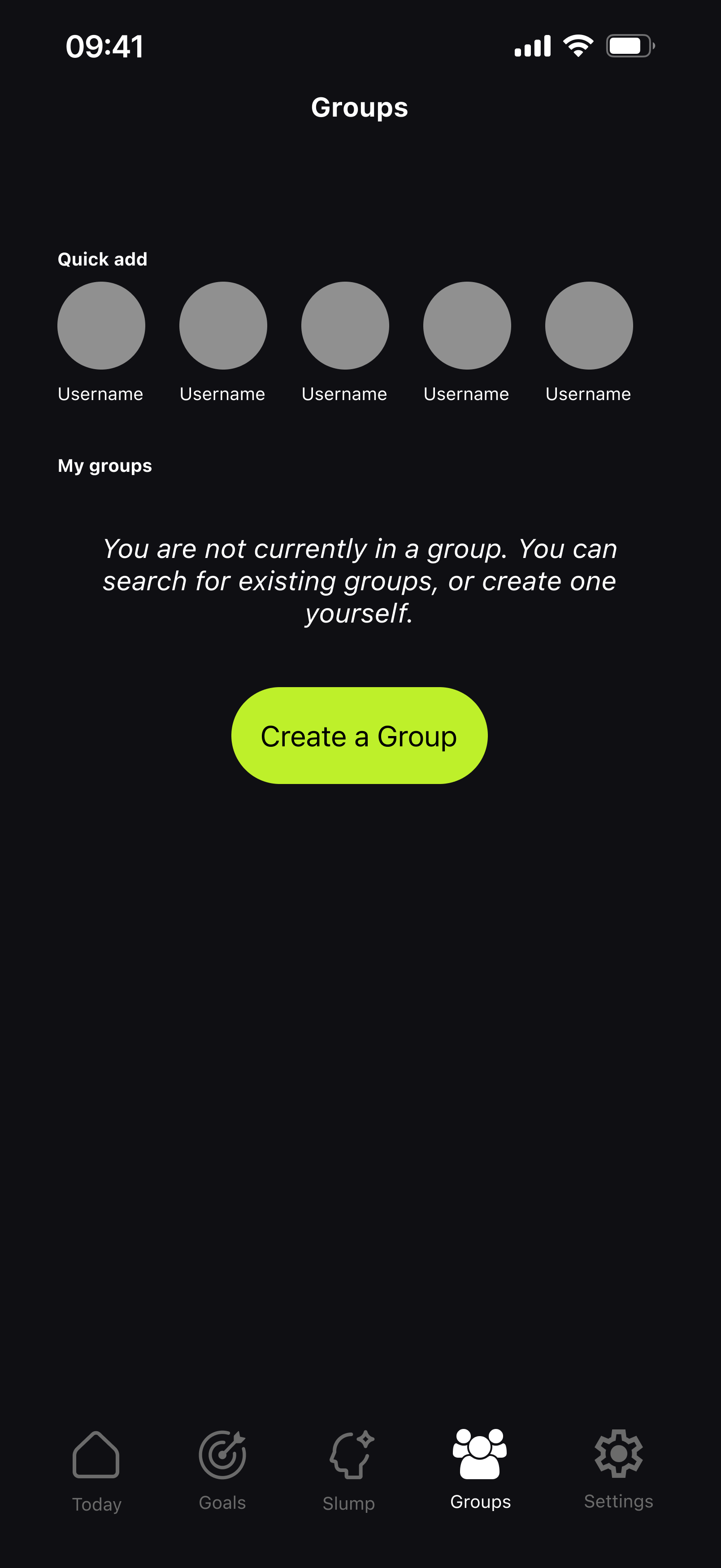 Initial Slump Groups tab mockup when not in a group